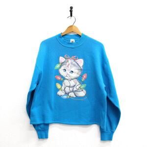 Vintage Kitty Cat Christmas Lights Cropped Sweatshirt XL